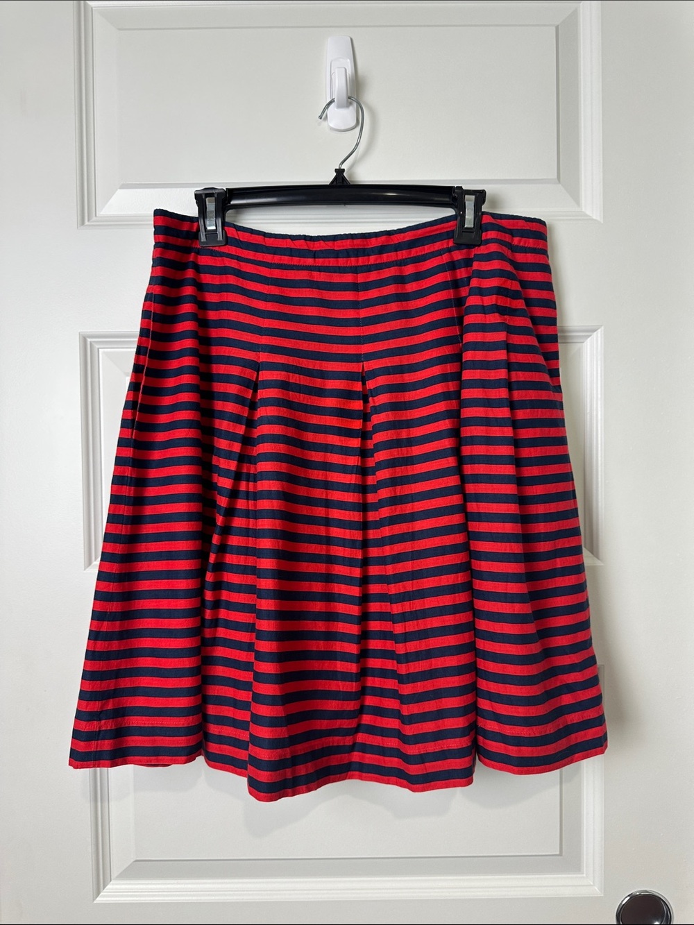 J Crew Red and Navy Striped A-Line Pleated Lined Pockets Skirt Nautical size 12